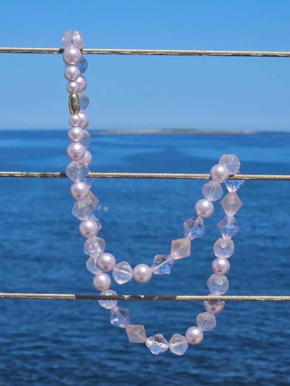 VINTAGE RETRO 70 80 FAUX CRYSTAL & PEARL NECKLACE TWIST BARREL CLASP ROSE QUARTZ